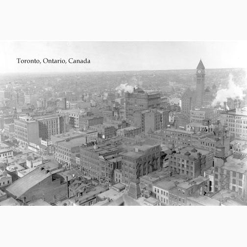 Downtown Toronto view from the height of the CIBC building northwest towards Old City Hall circa 1915