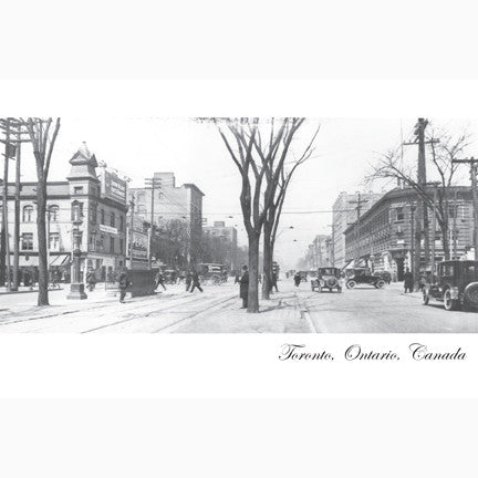 Downtown Toronto north view of Queen Street and Spadina Ave with traffic and people circa 1924.