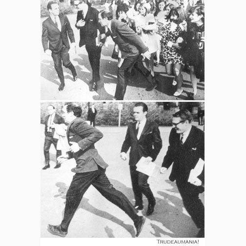 Two photos of Prime Minister Piere Elliot Trudeau running from adoring girls and getting away during Trudeaumania 1968