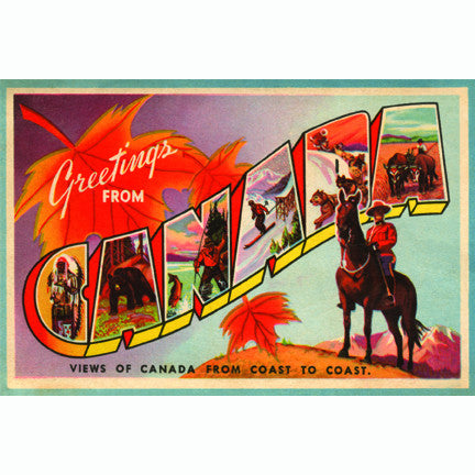 Illustrated Letters that read Greetings from Canada with Maple Leaves Canadian elements in the letters such as a native chief, bear, a man fishing, a skier, dogsled team and farmer with a RCMP Mountie on horseback in foreground circa 1935