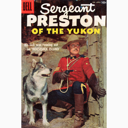 Cover of Sergeant Preston of the Yukon Comic book with RCMP Mountie with a gun and Siberian Husky 1957