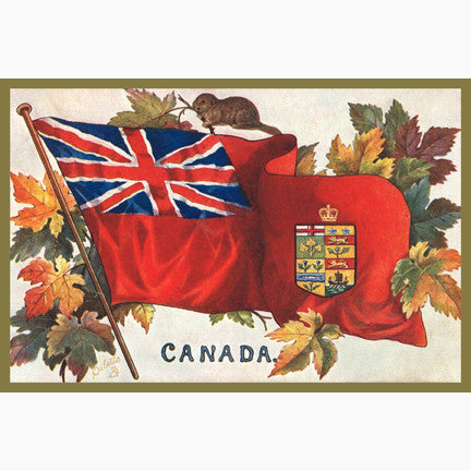Illustration of the Canadian Red Ensign Flag with maple leaves, a beaver and the word Canada below 1908